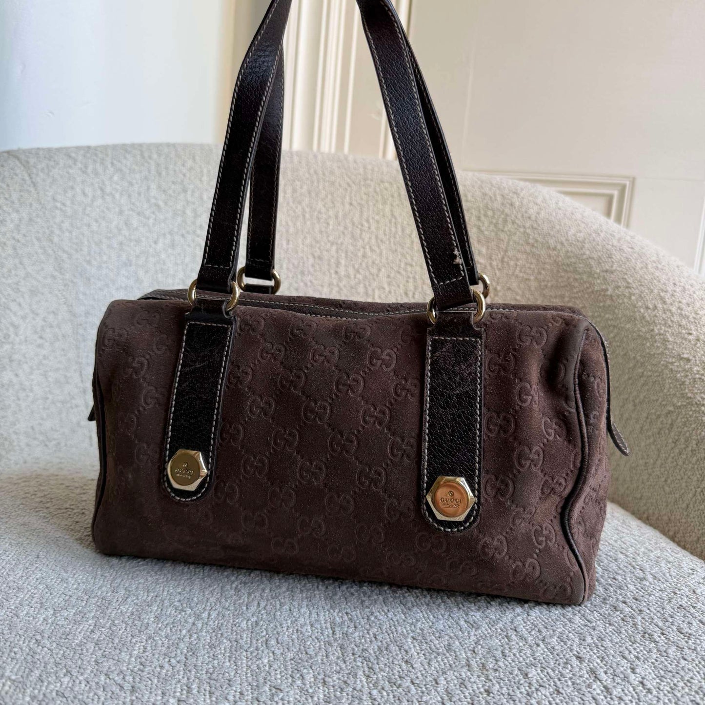RARE Gucci GG Suede Charmy Boston Brown Shoulder Bag