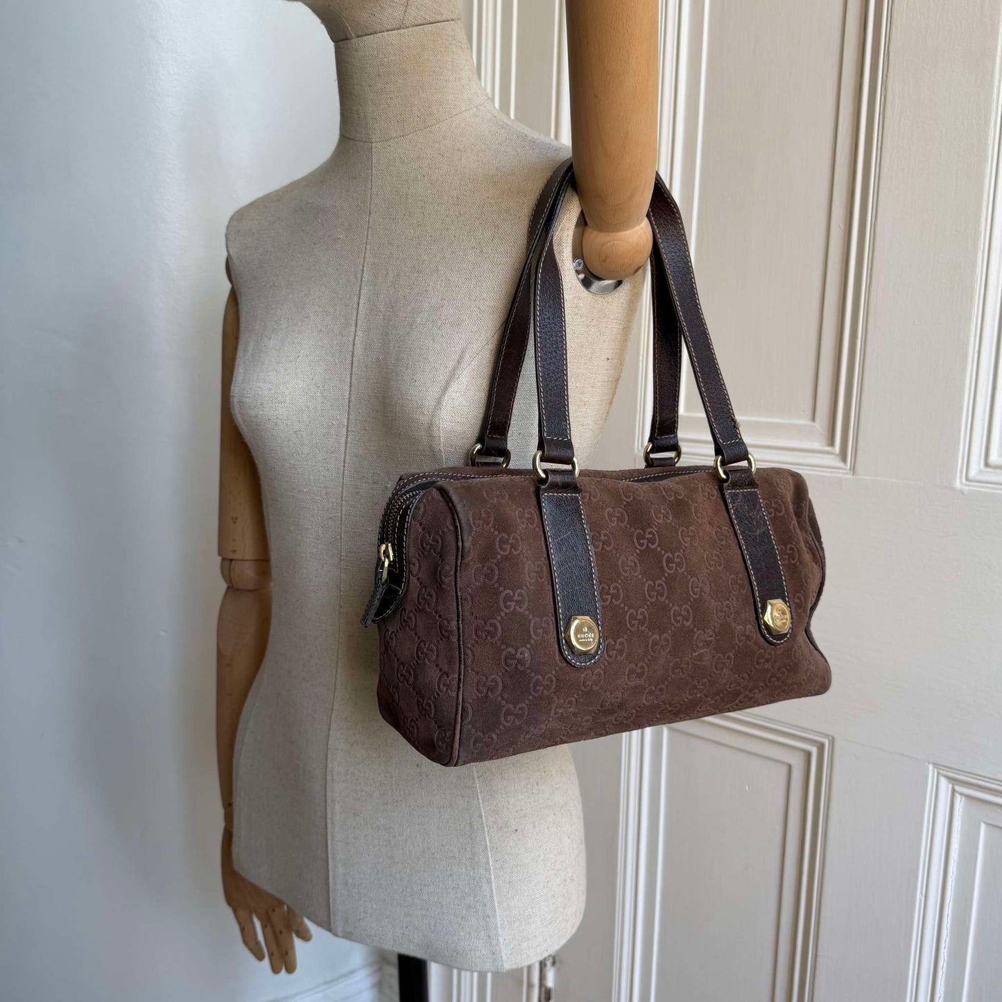 RARE Gucci GG Suede Charmy Boston Brown Shoulder Bag