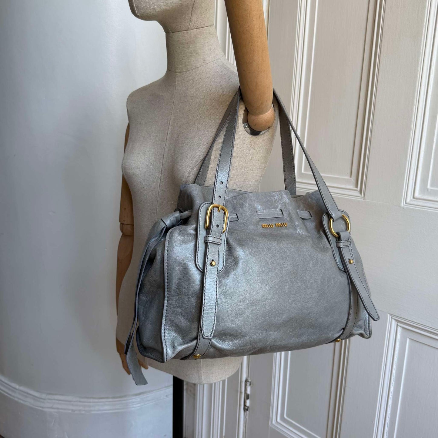 Miu Miu Vitello Grey Leather Tote Bag