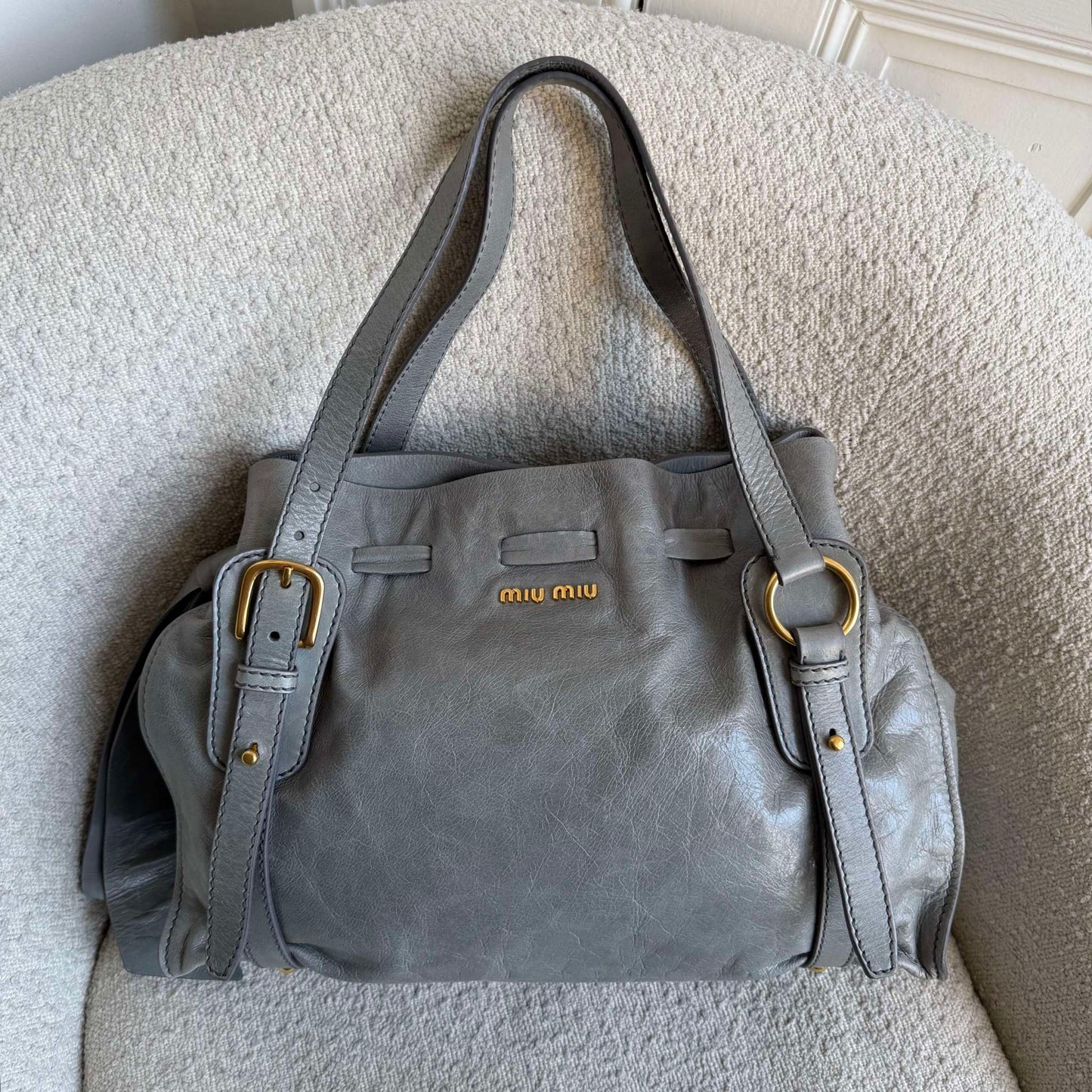 Miu Miu Vitello Grey Leather Tote Bag