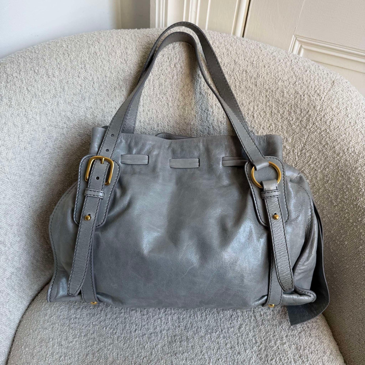Miu Miu Vitello Grey Leather Tote Bag