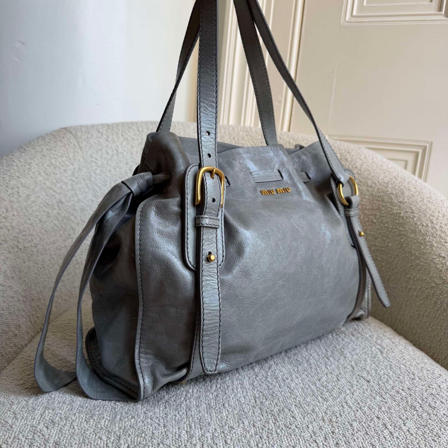 Miu Miu Vitello Grey Leather Tote Bag