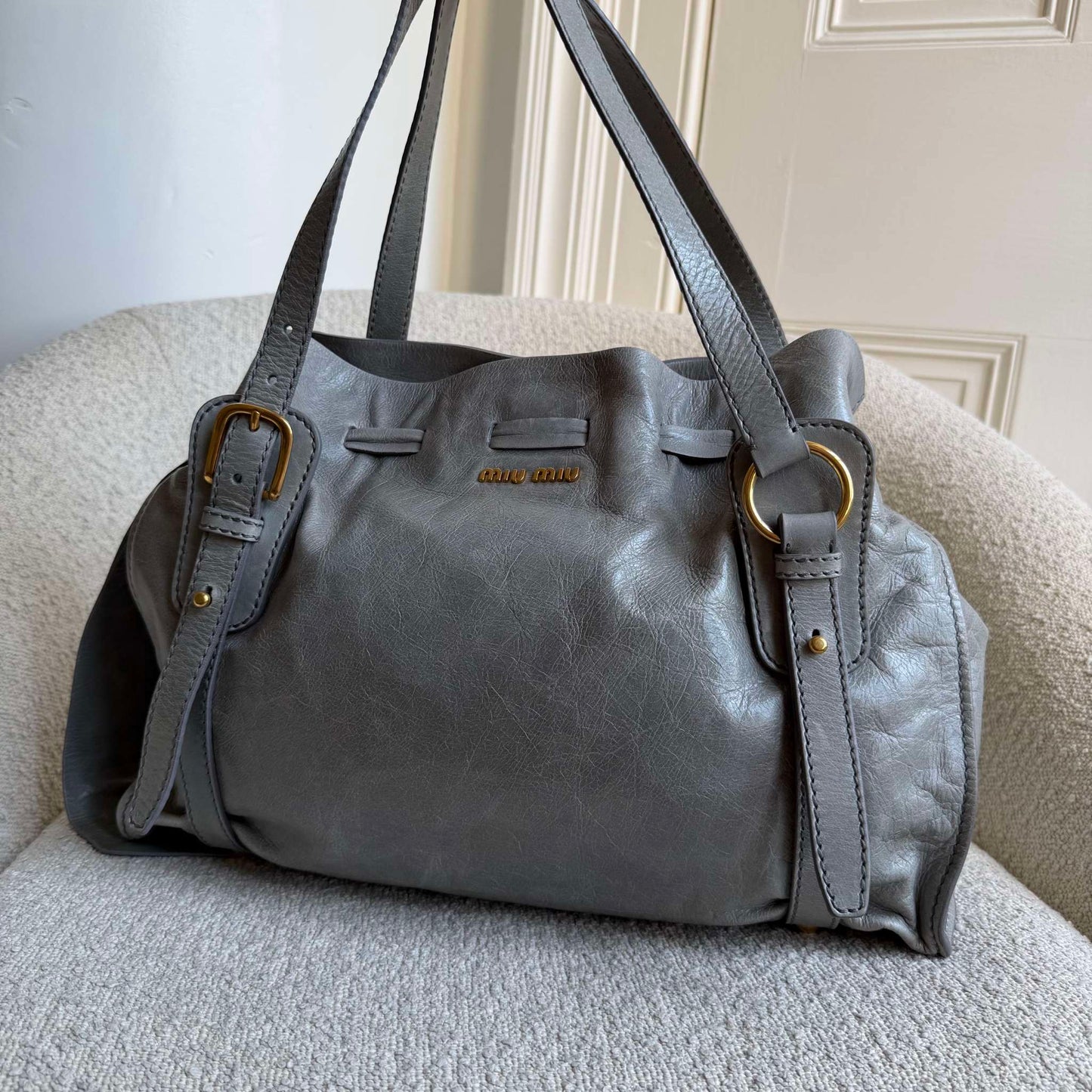 Miu Miu Vitello Grey Leather Tote Bag