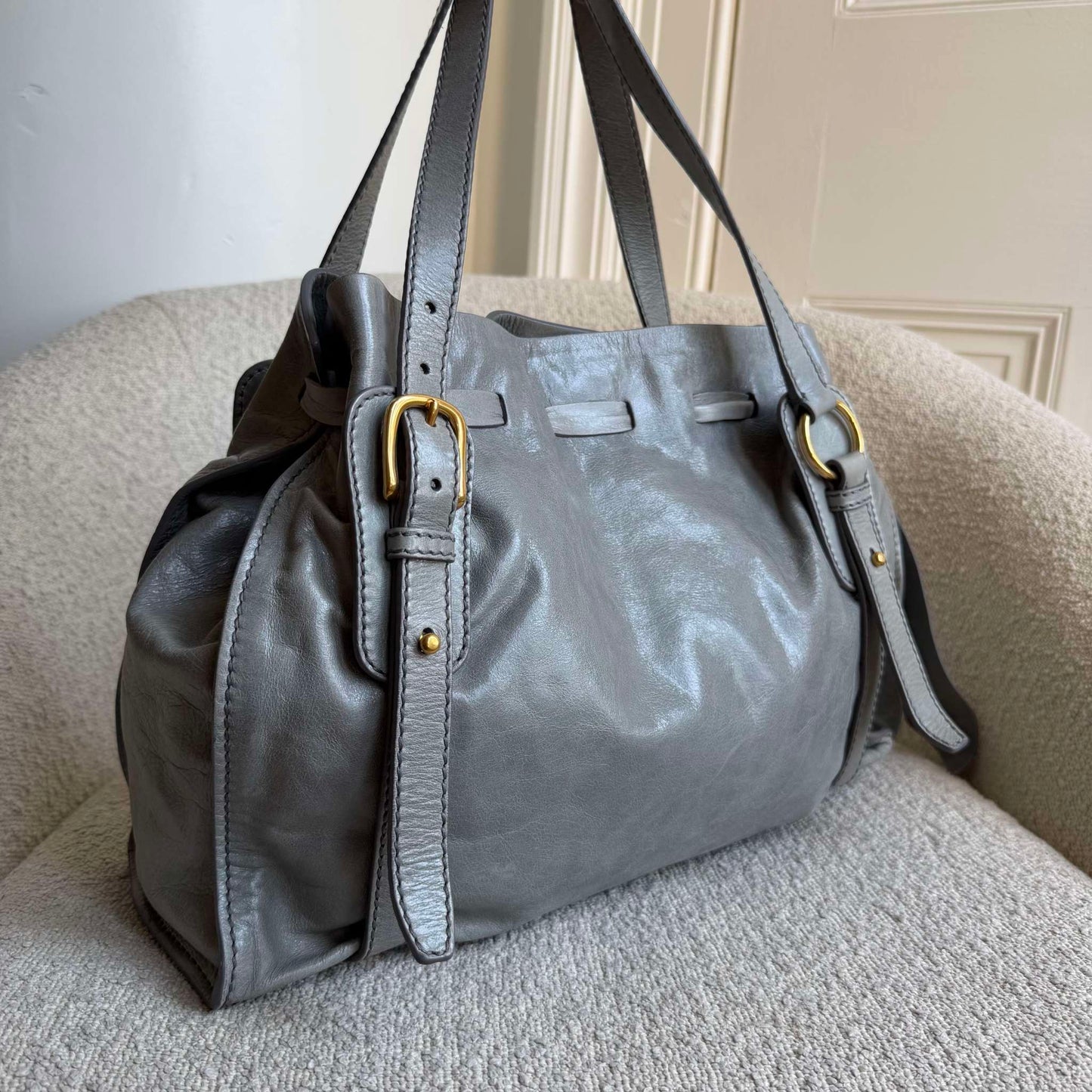 Miu Miu Vitello Grey Leather Tote Bag