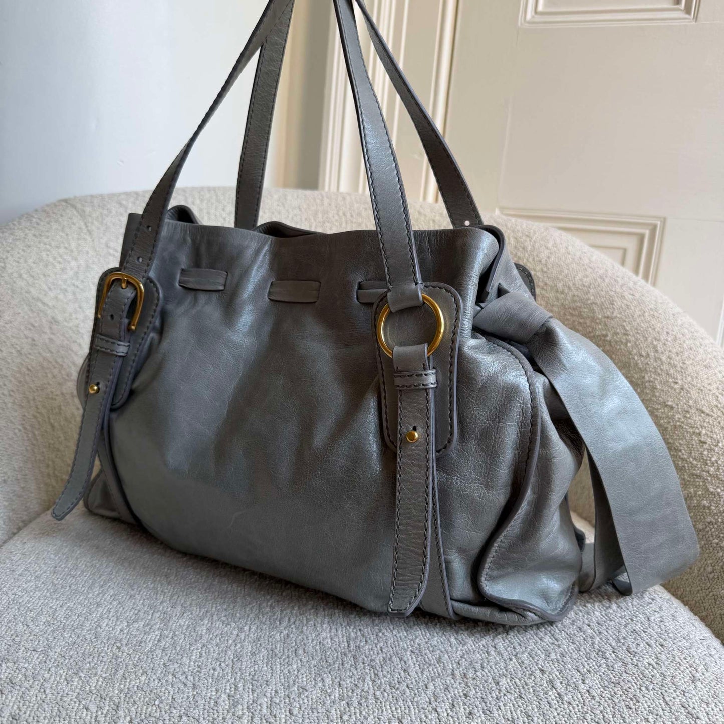 Miu Miu Vitello Grey Leather Tote Bag