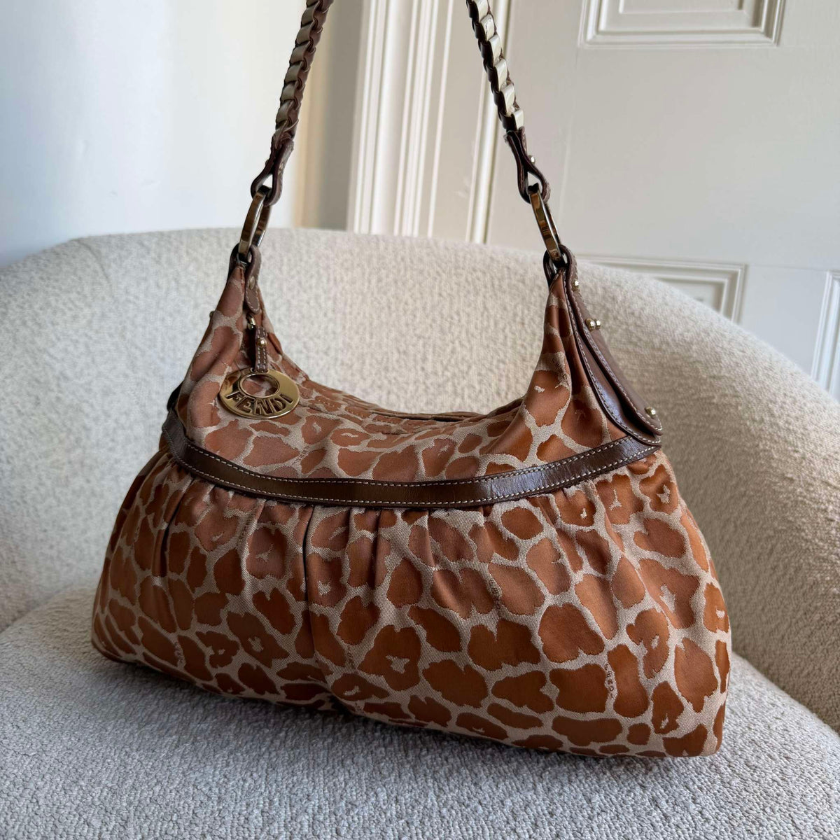 Fendi Chef Leopard Canvas Shoulder Bag