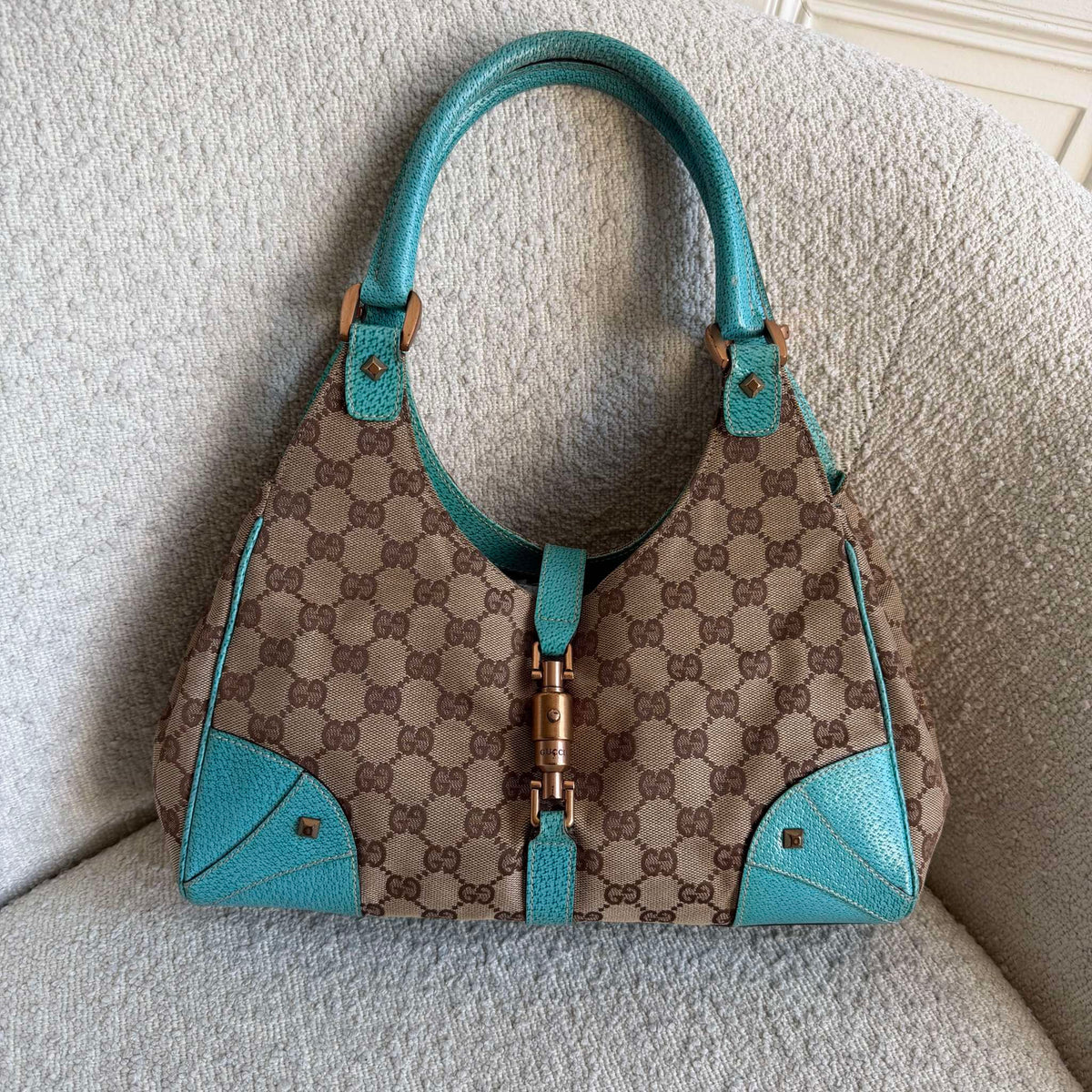 Gucci GG Canvas Jackie Aqua Blue Shoulder Bag