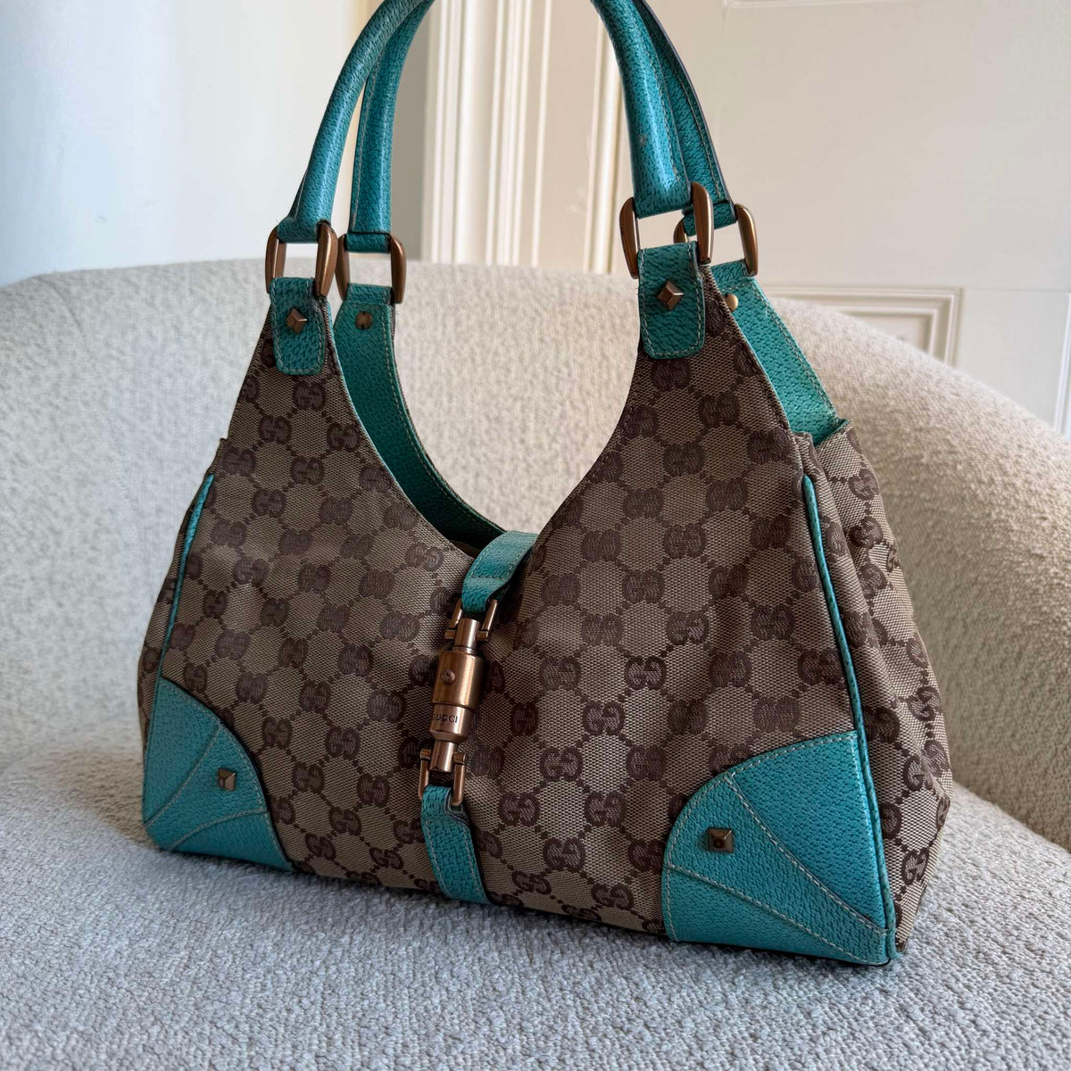 Gucci GG Canvas Jackie Aqua Blue Shoulder Bag