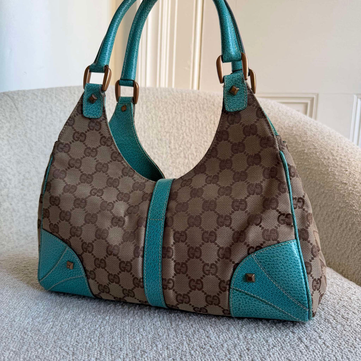 Gucci GG Canvas Jackie Aqua Blue Shoulder Bag