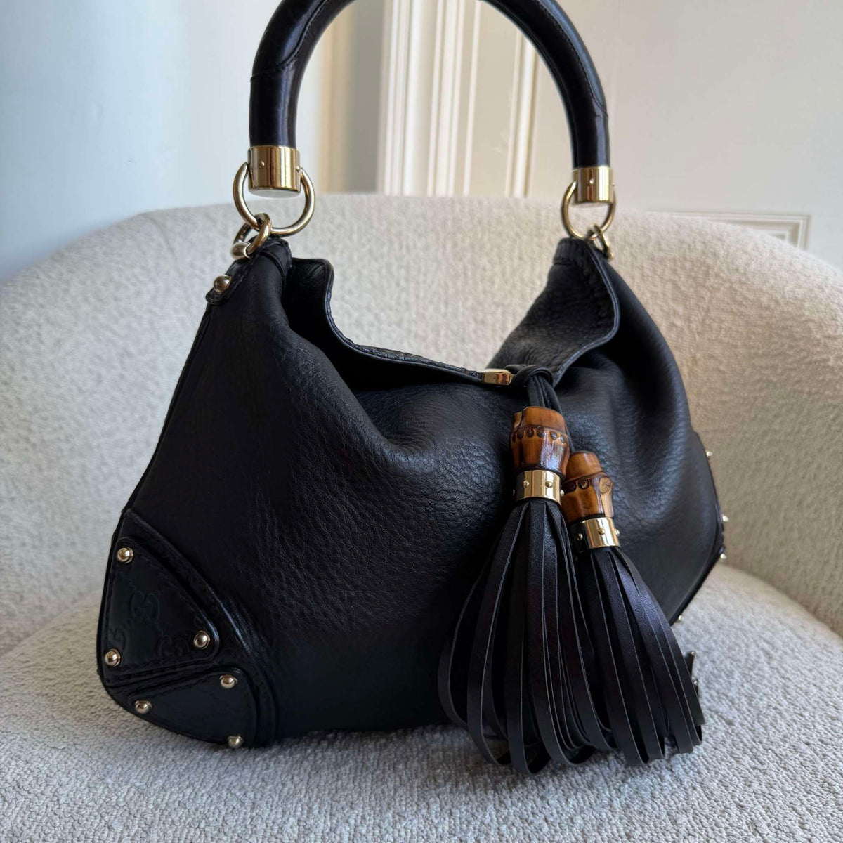 Gucci Guccissima Indy Hobo Black Leather Shoulder Bag