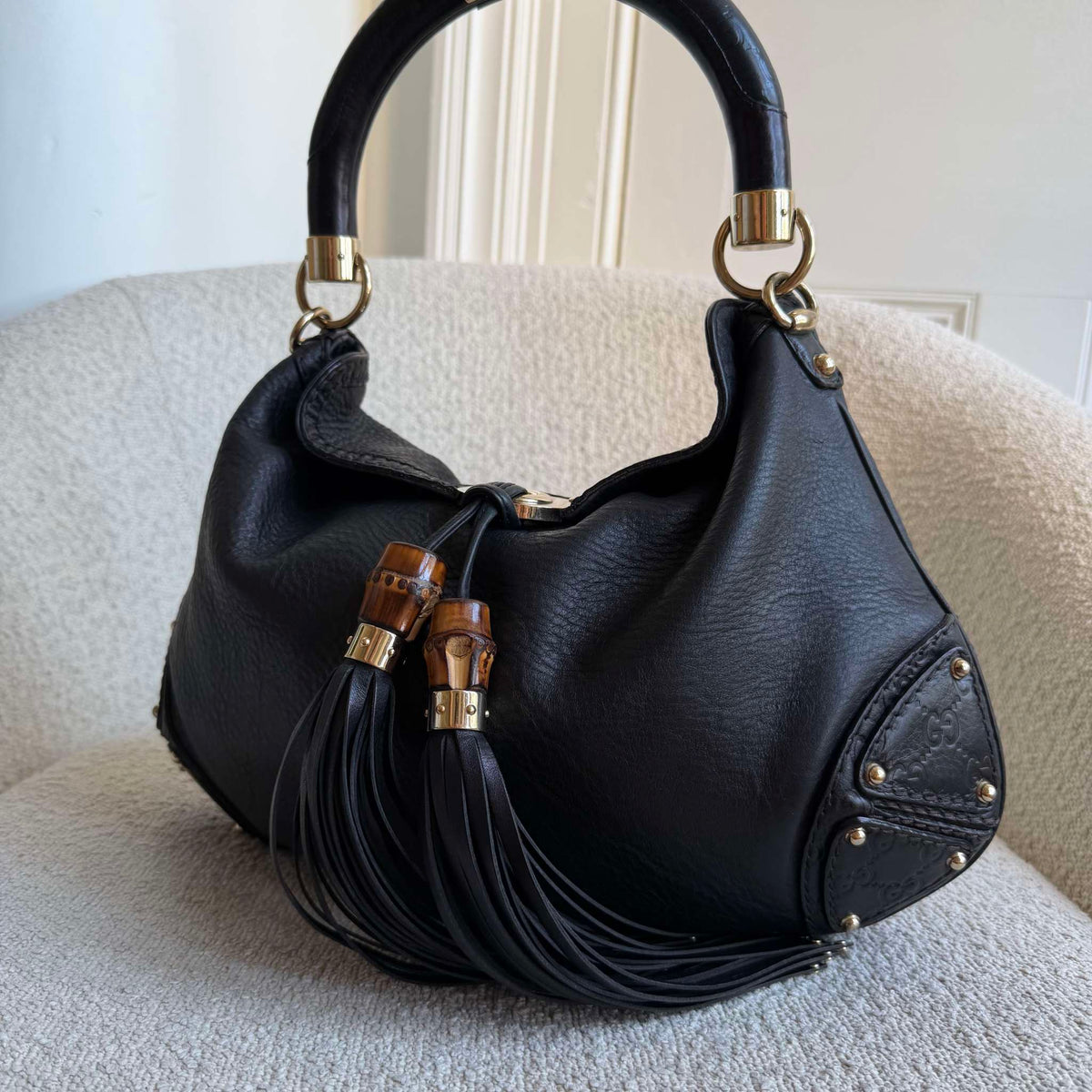 Gucci Guccissima Indy Hobo Black Leather Shoulder Bag