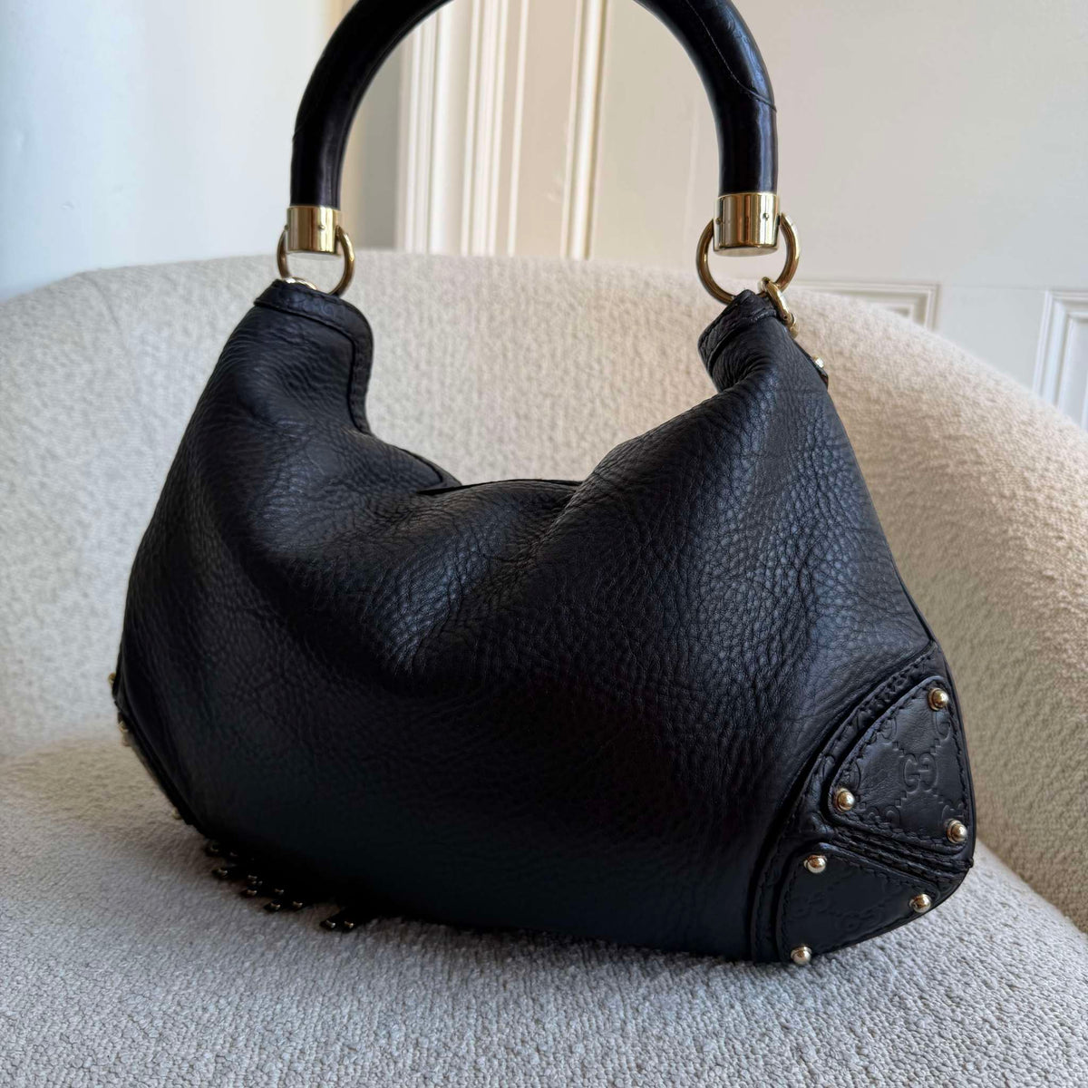Gucci Guccissima Indy Hobo Black Leather Shoulder Bag