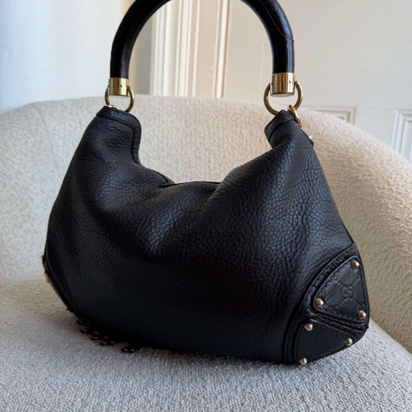 Gucci Guccissima Indy Hobo Black Leather Shoulder Bag