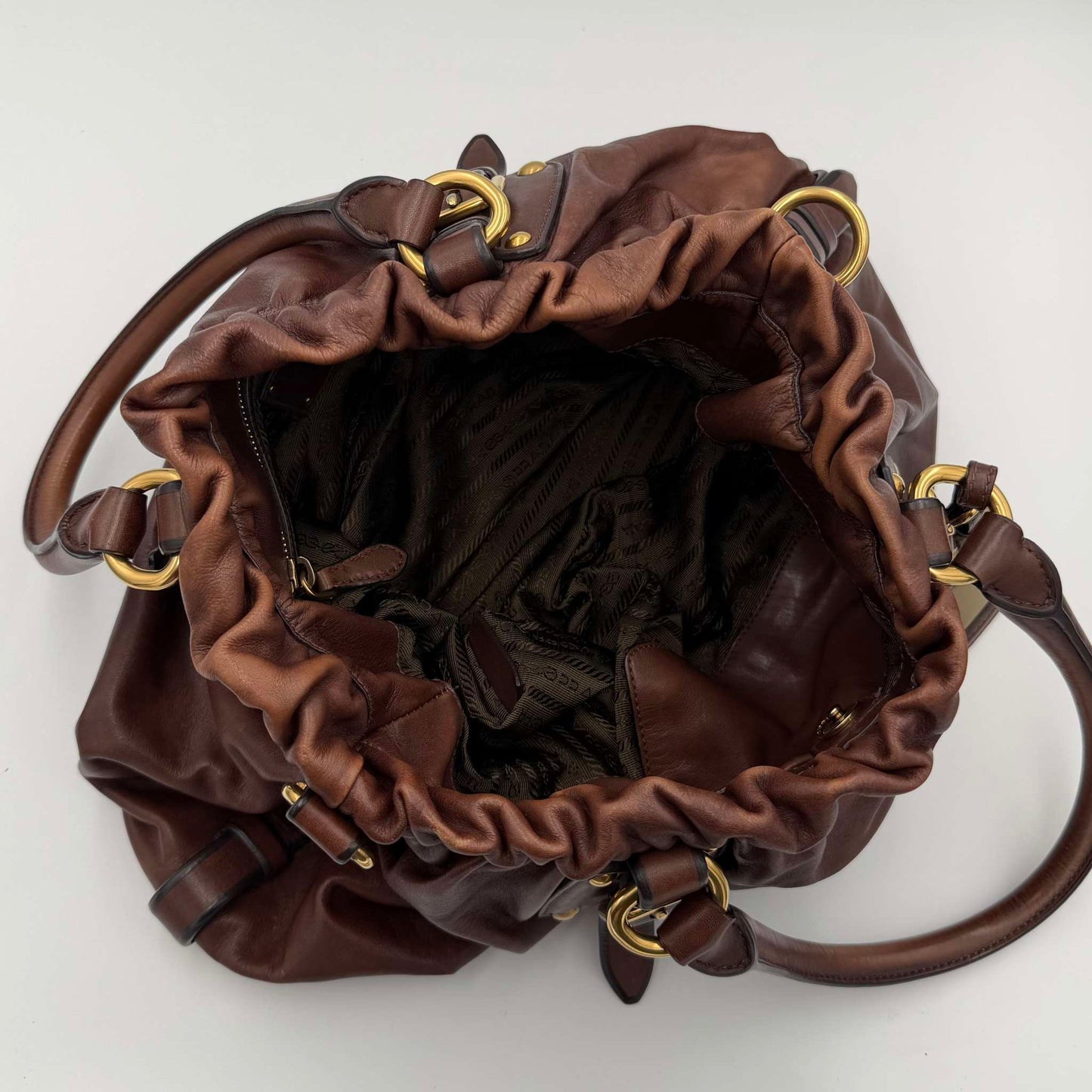 Prada Soft Calf Gathered Buckle Shopping Brown Tote Bag
