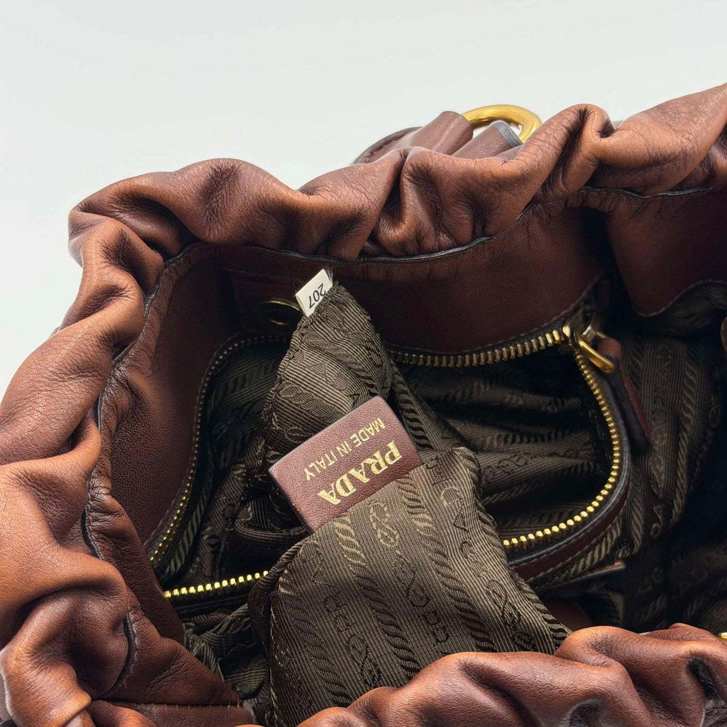 Prada Soft Calf Gathered Buckle Shopping Brown Tote Bag