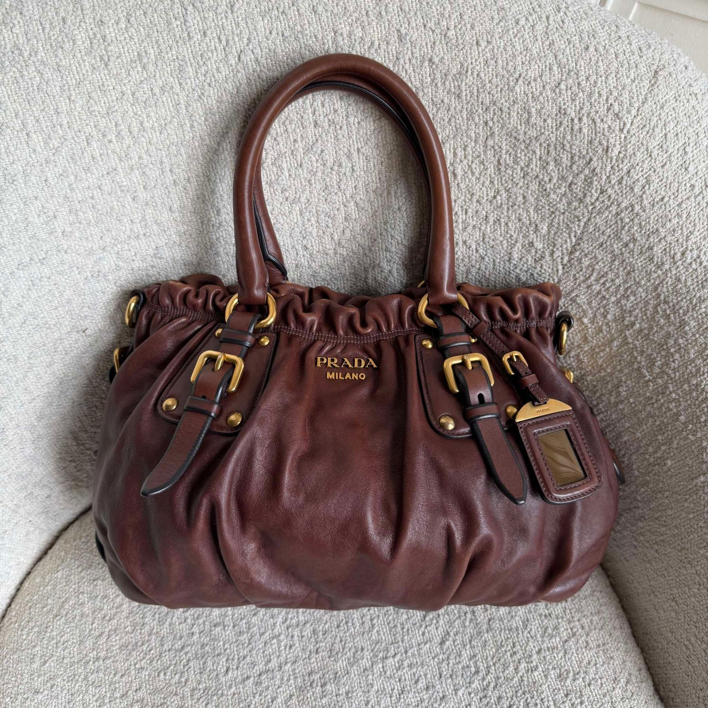 Prada Soft Calf Gathered Buckle Shopping Brown Tote Bag