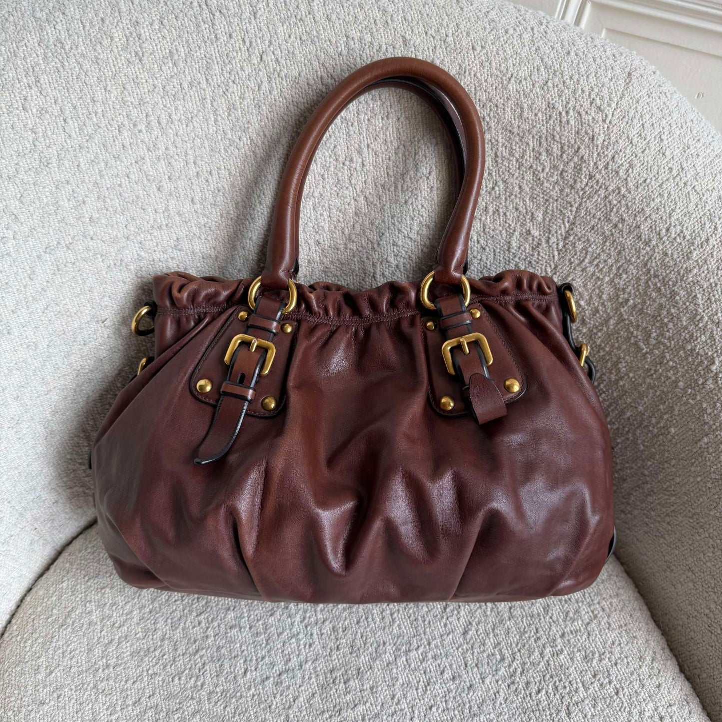 Prada Soft Calf Gathered Buckle Shopping Brown Tote Bag
