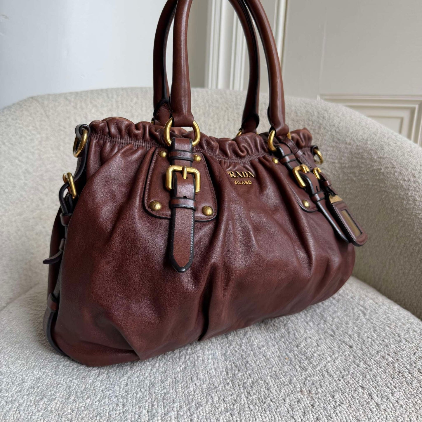 Prada Soft Calf Gathered Buckle Shopping Brown Tote Bag
