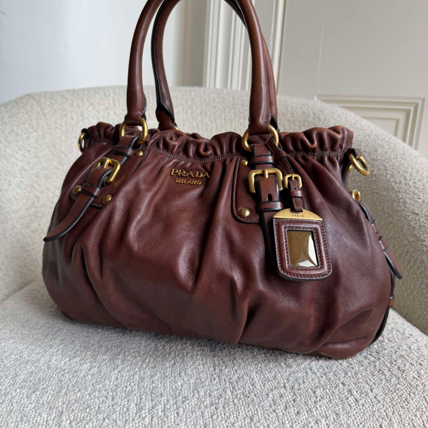 Prada Soft Calf Gathered Buckle Shopping Brown Tote Bag