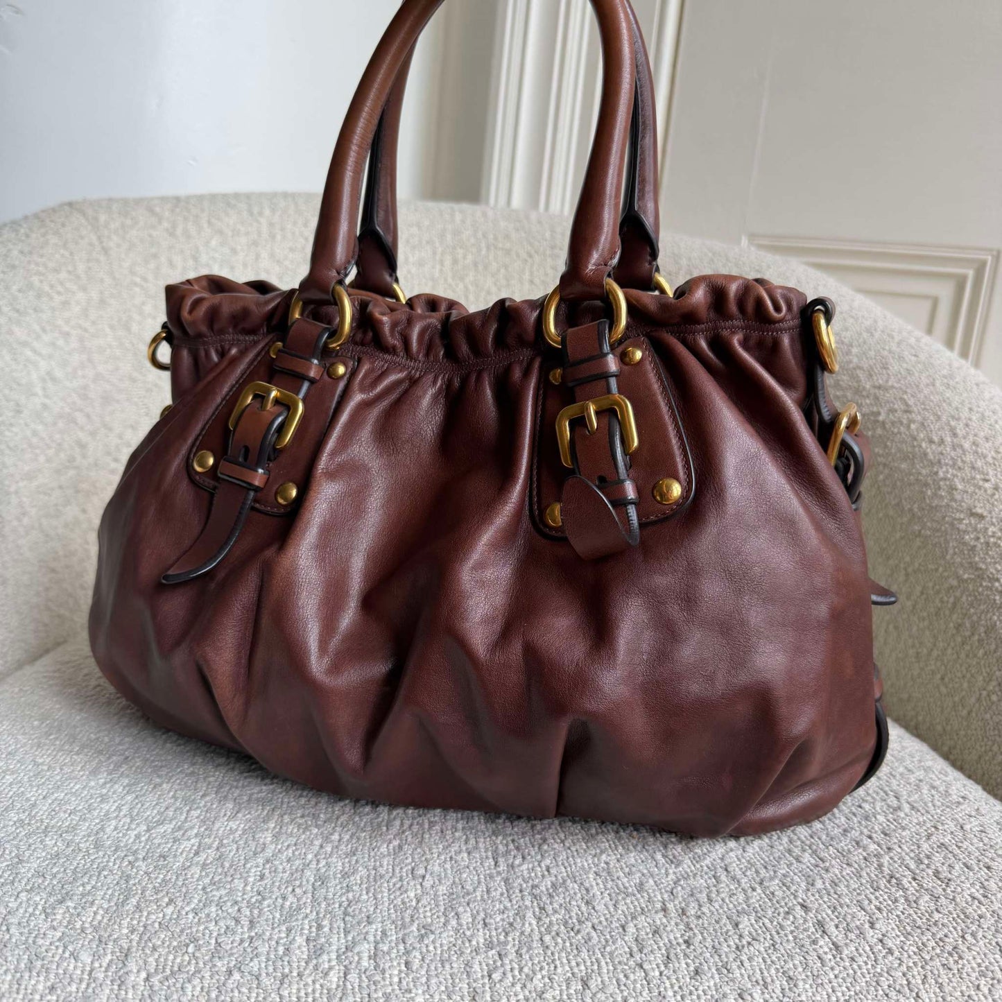 Prada Soft Calf Gathered Buckle Shopping Brown Tote Bag