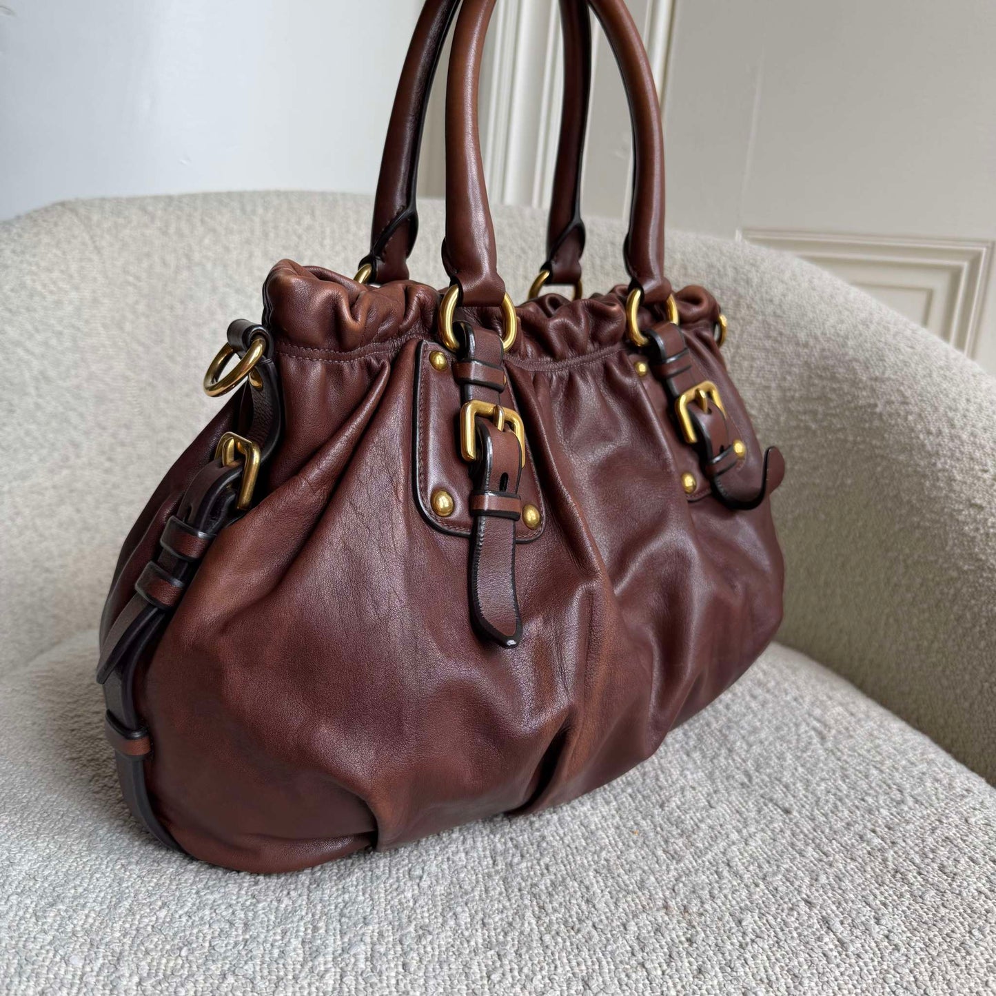 Prada Soft Calf Gathered Buckle Shopping Brown Tote Bag