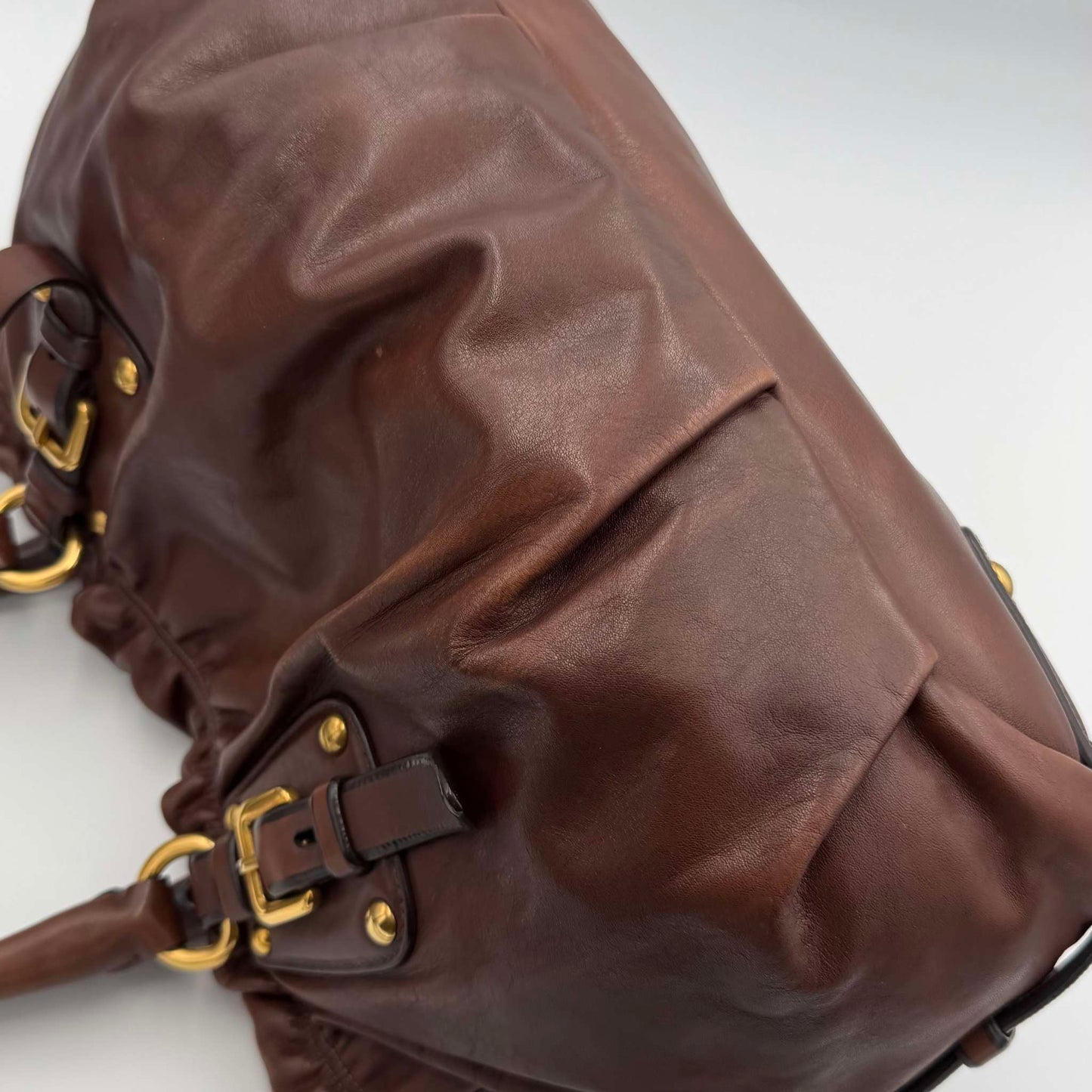 Prada Soft Calf Gathered Buckle Shopping Brown Tote Bag