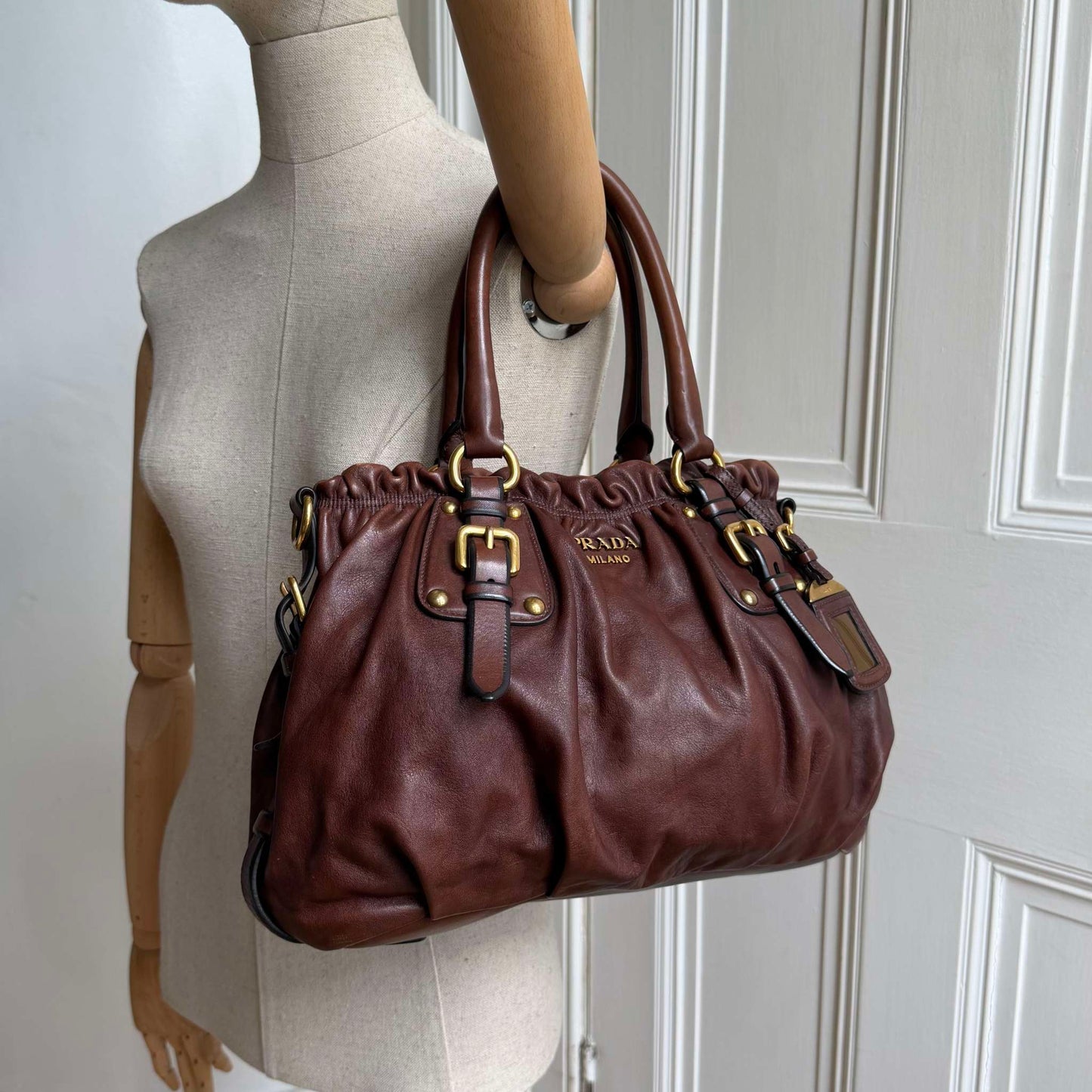 Prada Soft Calf Gathered Buckle Shopping Brown Tote Bag