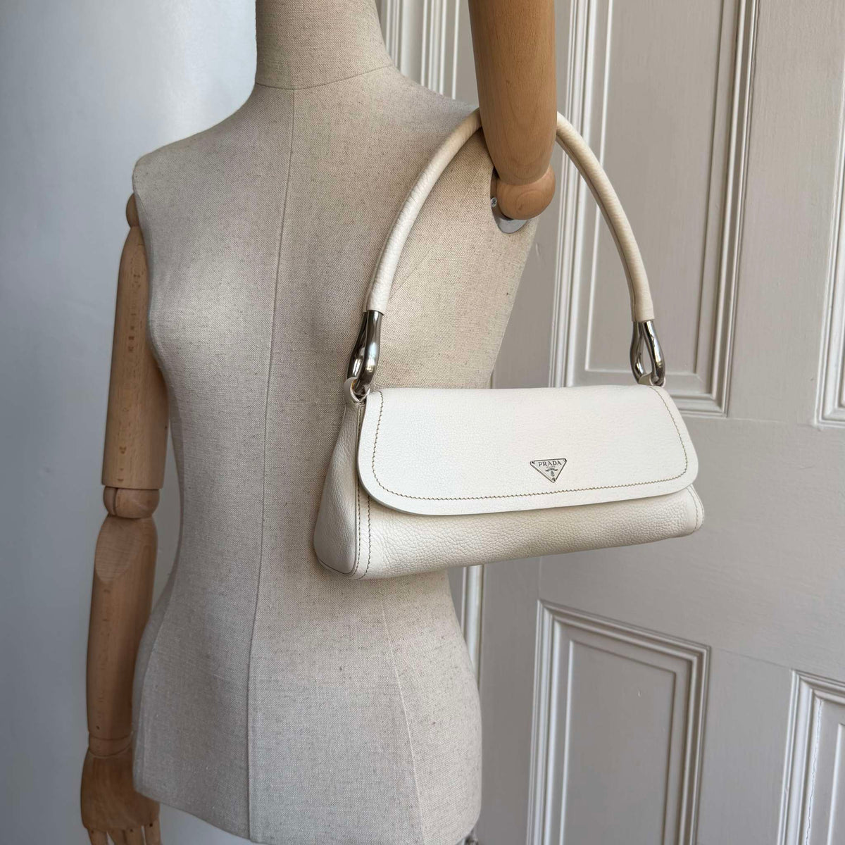 2003 Prada Vitello Daino Swing Flap White Shoulder Bag