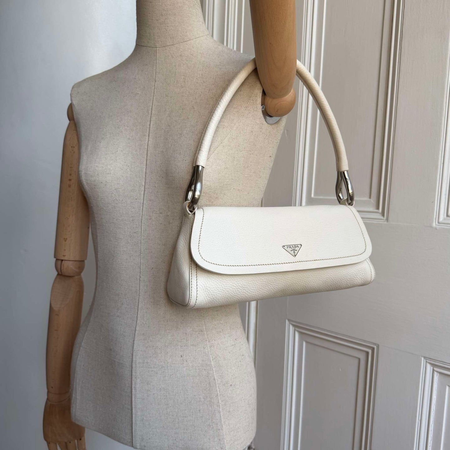 2003 Prada Vitello Daino Swing Flap White Shoulder Bag