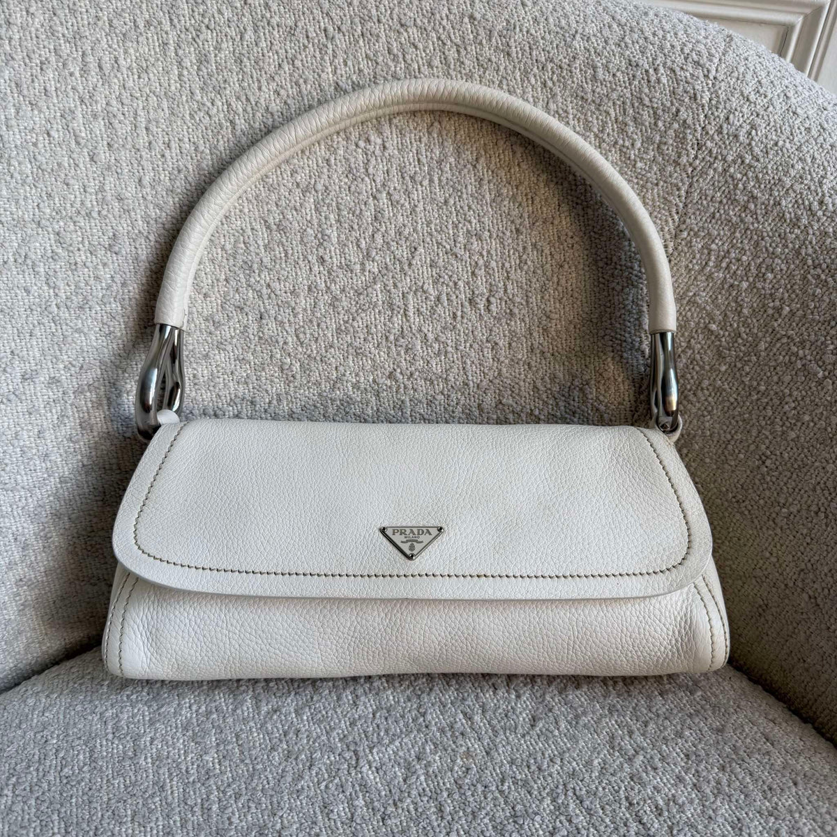 2003 Prada Vitello Daino Swing Flap White Shoulder Bag