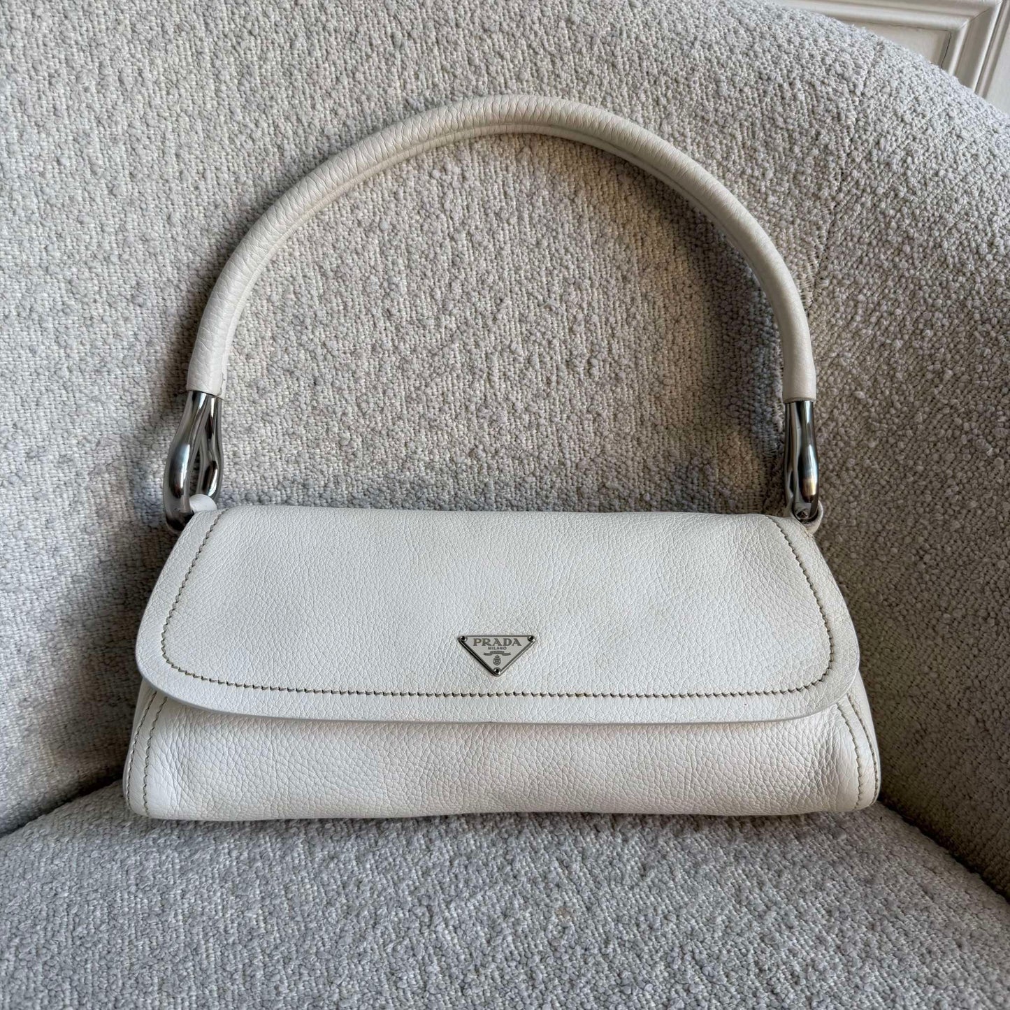 2003 Prada Vitello Daino Swing Flap White Shoulder Bag