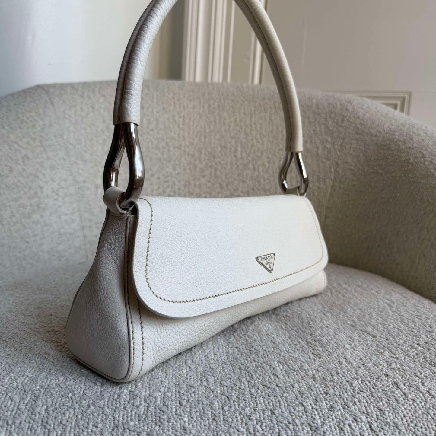 2003 Prada Vitello Daino Swing Flap White Shoulder Bag