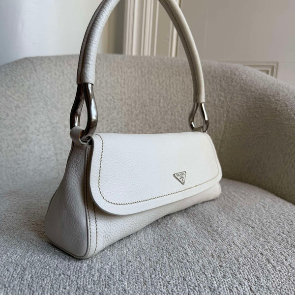 2003 Prada Vitello Daino Swing Flap White Shoulder Bag