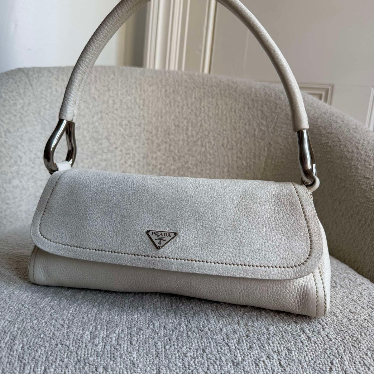 2003 Prada Vitello Daino Swing Flap White Shoulder Bag