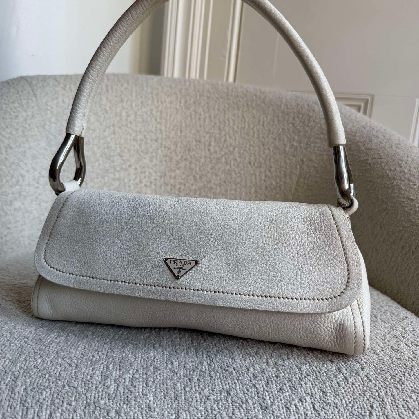 2003 Prada Vitello Daino Swing Flap White Shoulder Bag