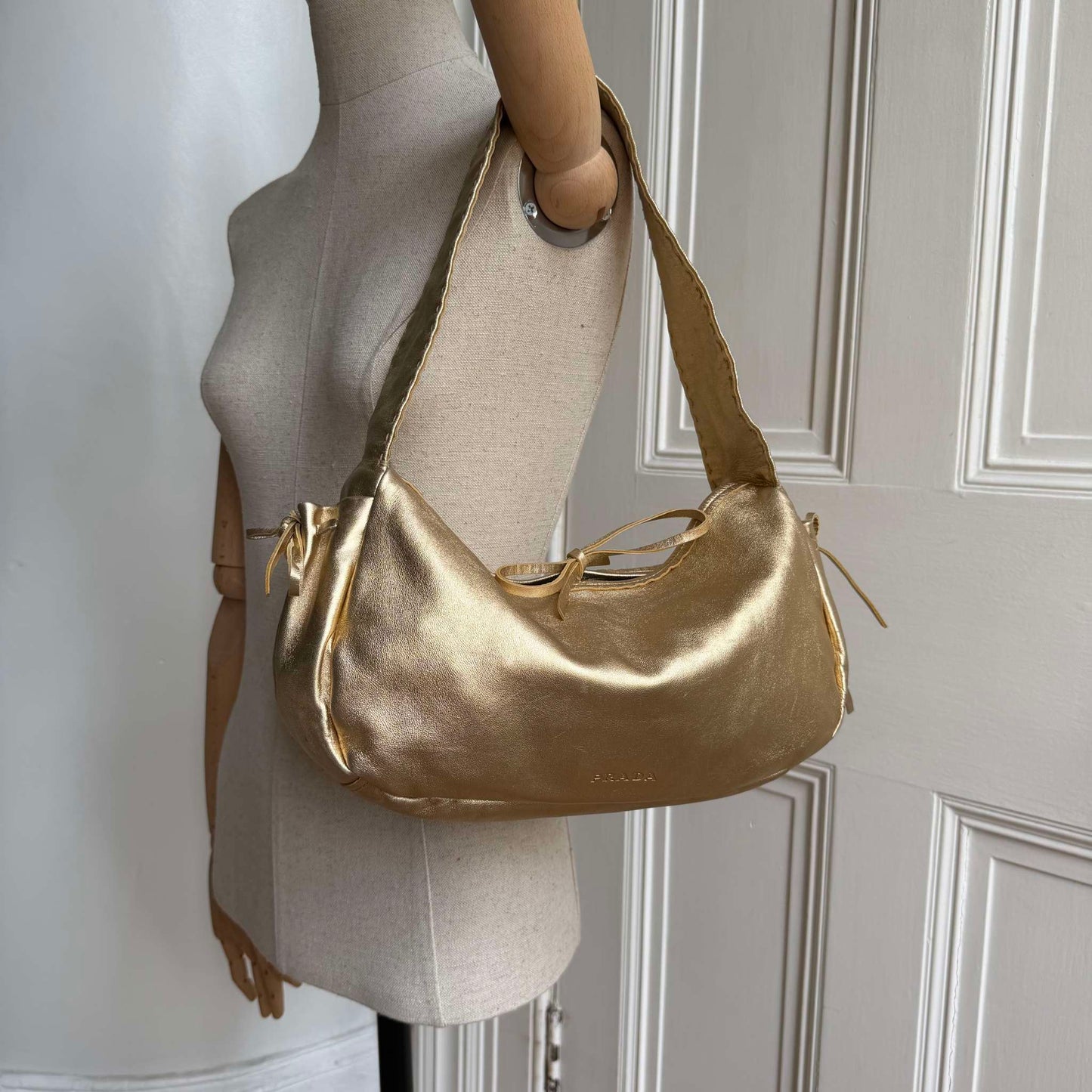 2000s Prada Bow Gold Leather Shoulder Bag