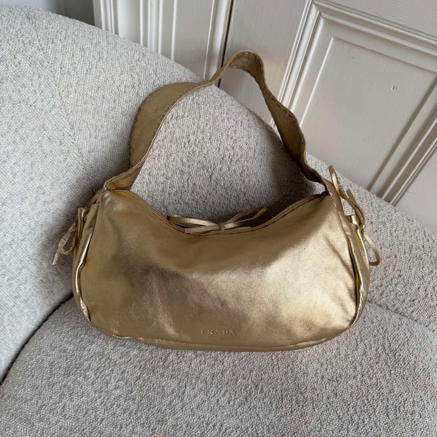 2000s Prada Bow Gold Leather Shoulder Bag