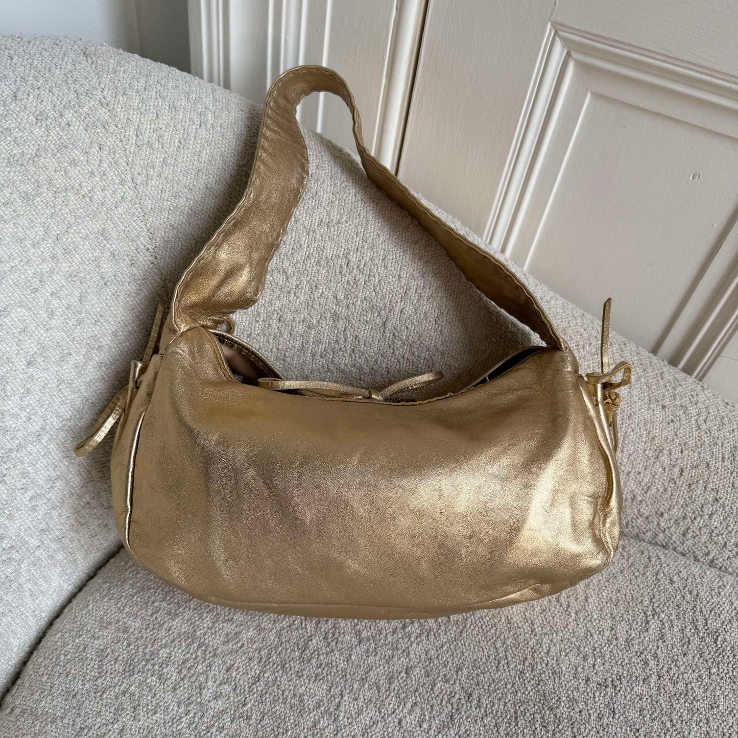 2000s Prada Bow Gold Leather Shoulder Bag