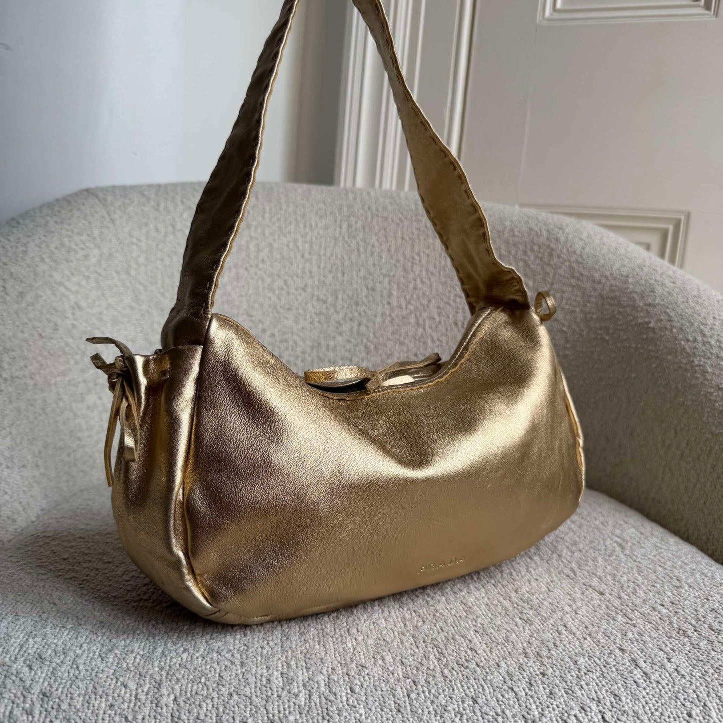 2000s Prada Bow Gold Leather Shoulder Bag