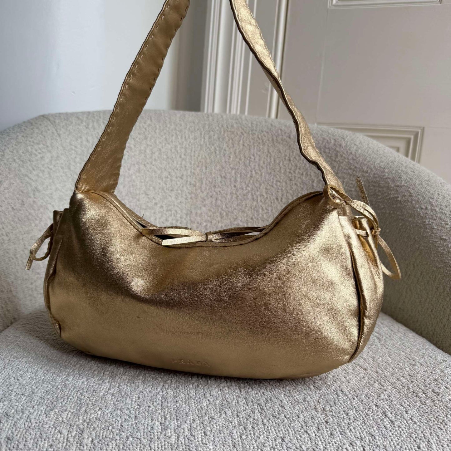 2000s Prada Bow Gold Leather Shoulder Bag