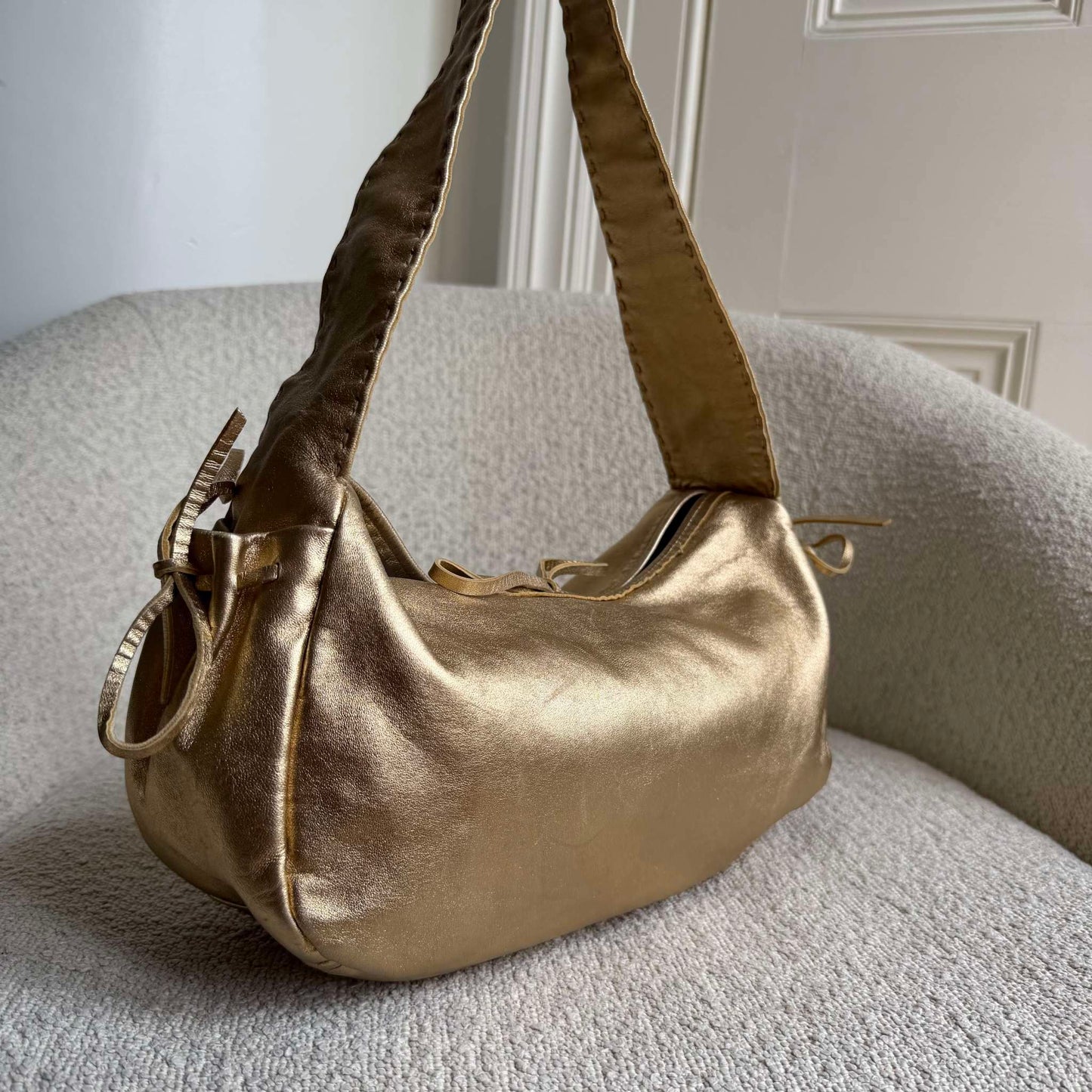 2000s Prada Bow Gold Leather Shoulder Bag