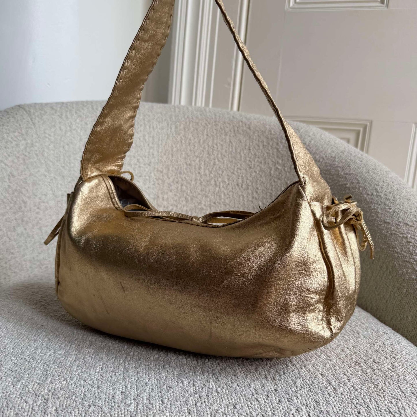 2000s Prada Bow Gold Leather Shoulder Bag