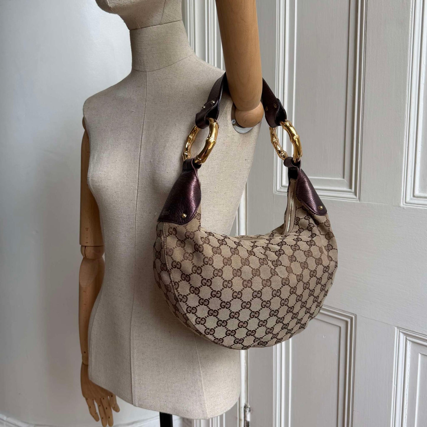 Gucci GG Canvas Bamboo Ring Purple Shoulder Bag