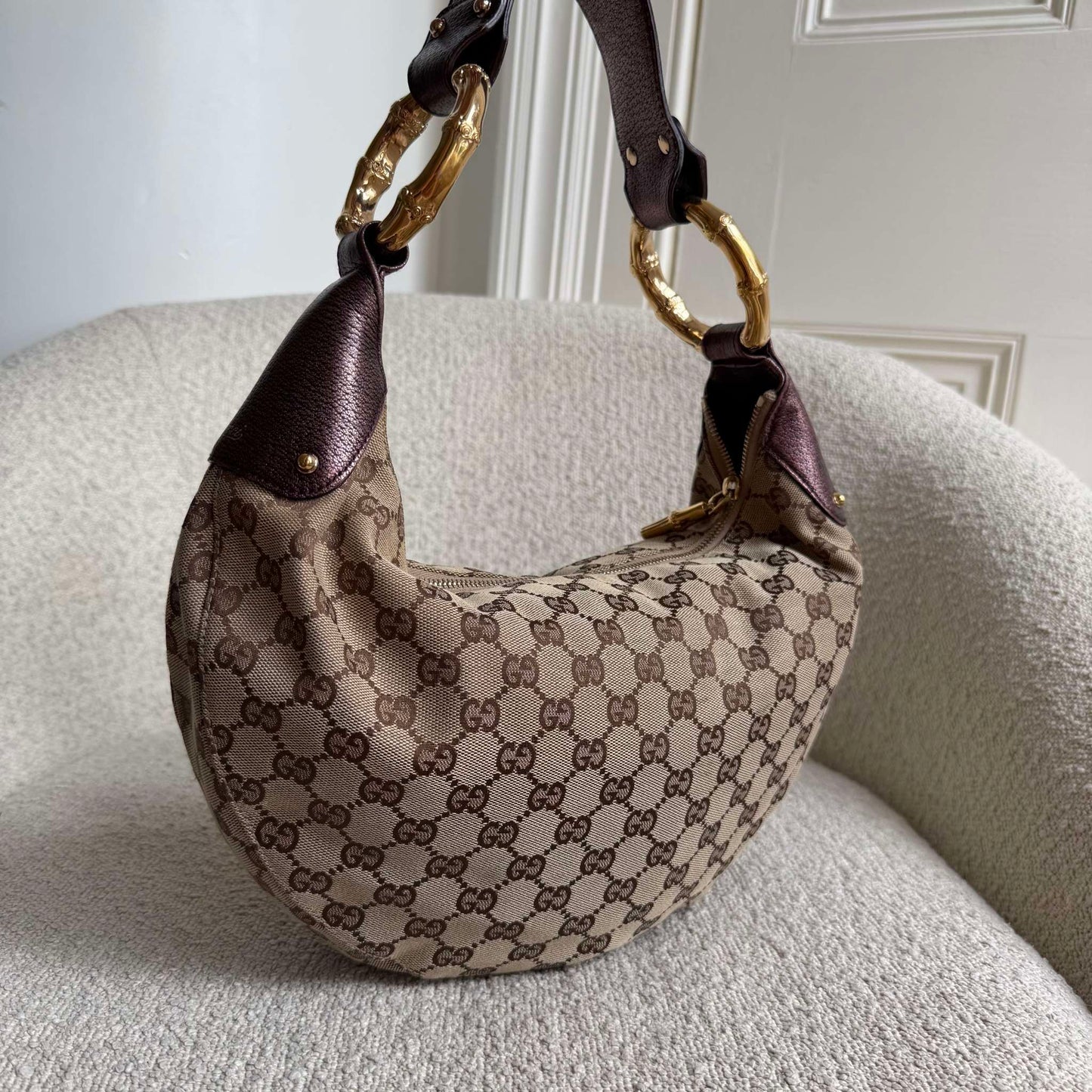 Gucci GG Canvas Bamboo Ring Purple Shoulder Bag