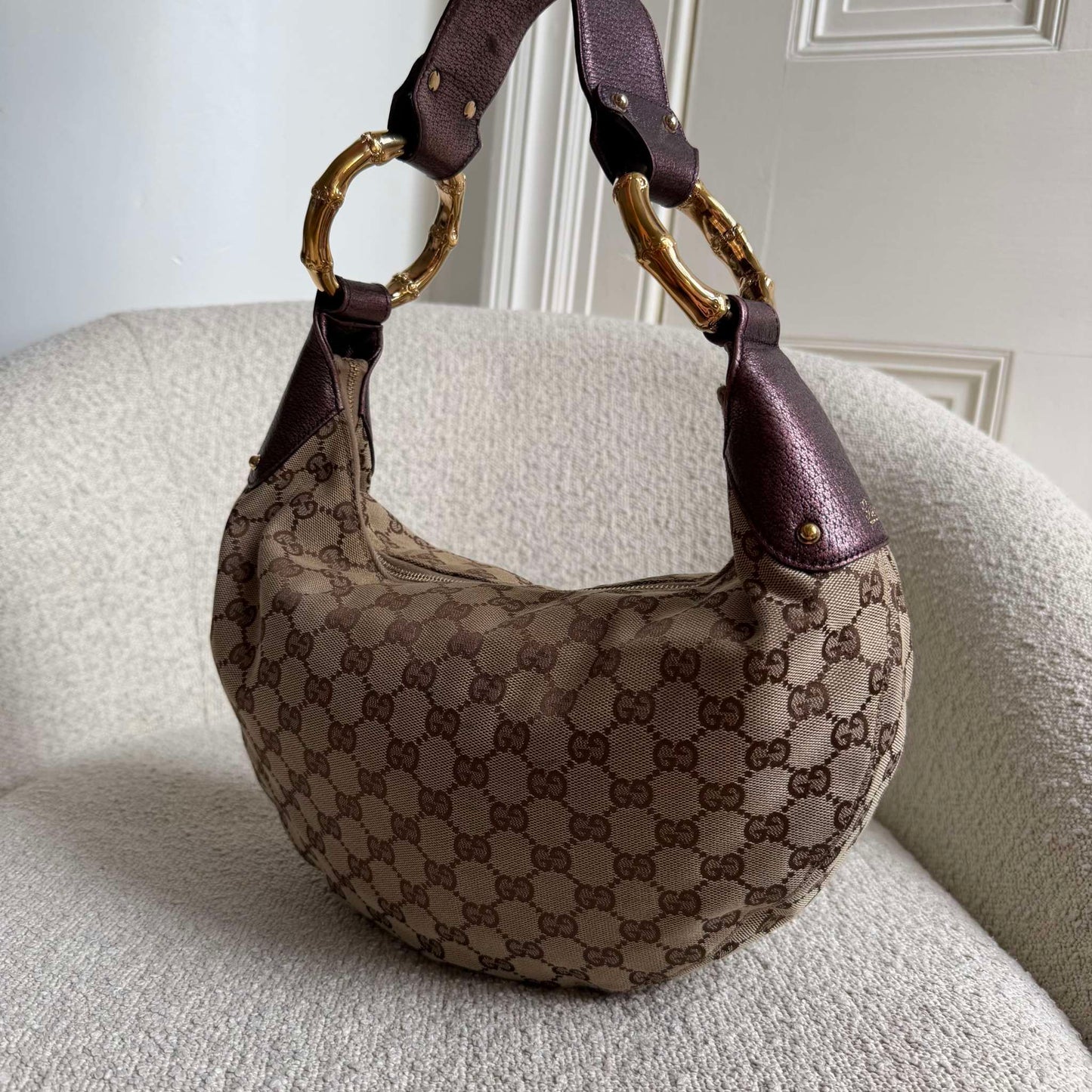 Gucci GG Canvas Bamboo Ring Purple Shoulder Bag