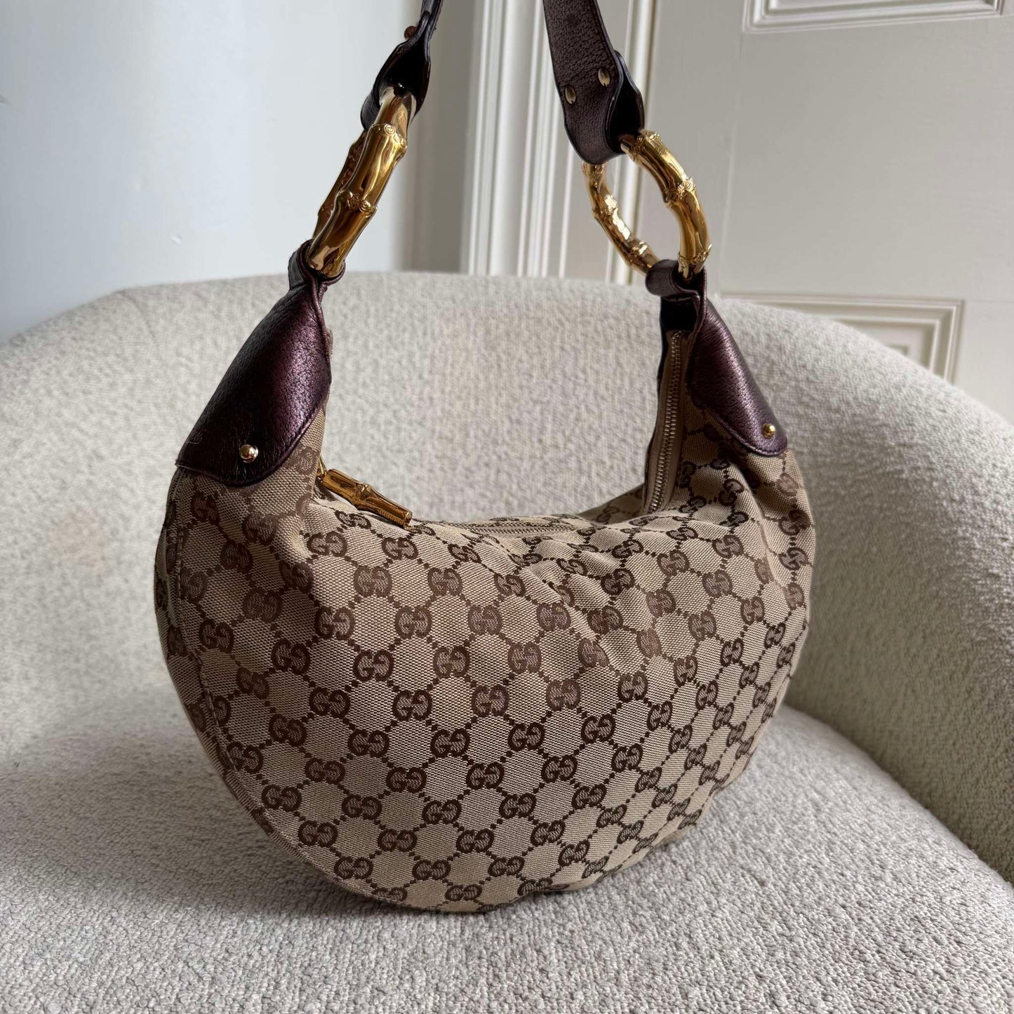 Gucci GG Canvas Bamboo Ring Purple Shoulder Bag