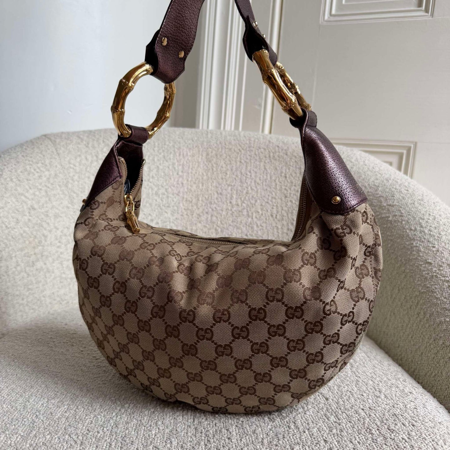 Gucci GG Canvas Bamboo Ring Purple Shoulder Bag