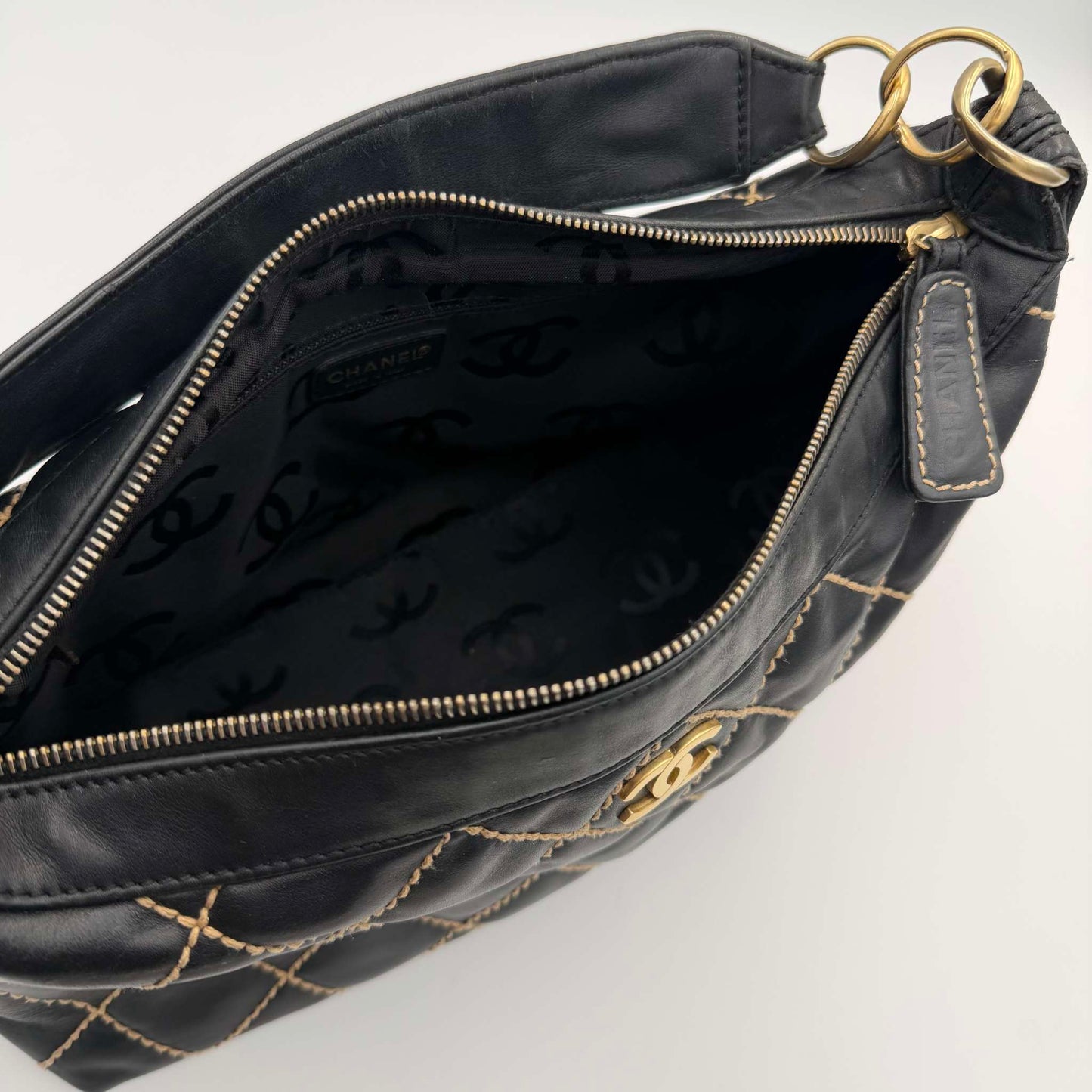 2003 Chanel CC Surpique Wild Stitch Black Leather Handbag