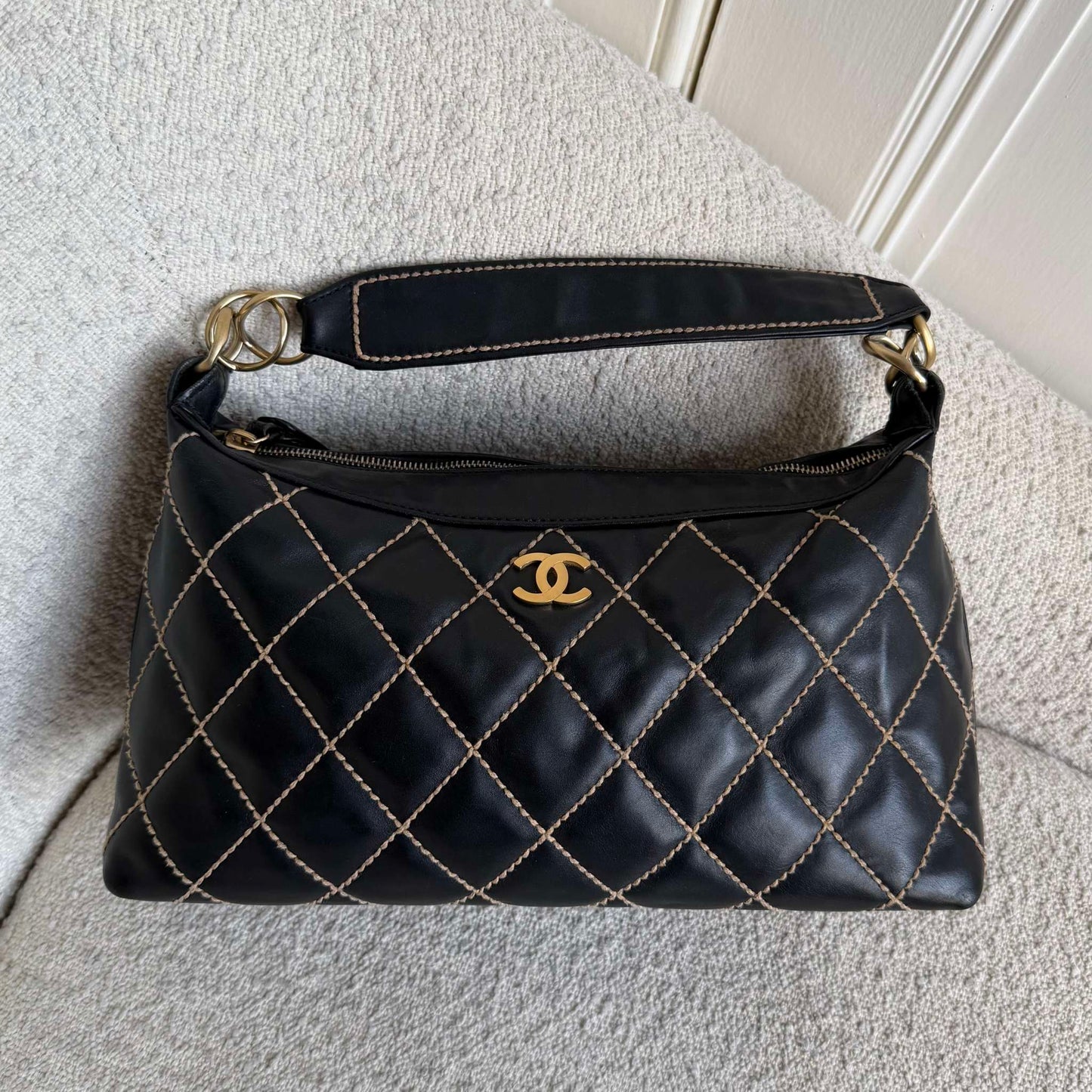 2003 Chanel CC Surpique Wild Stitch Black Leather Handbag