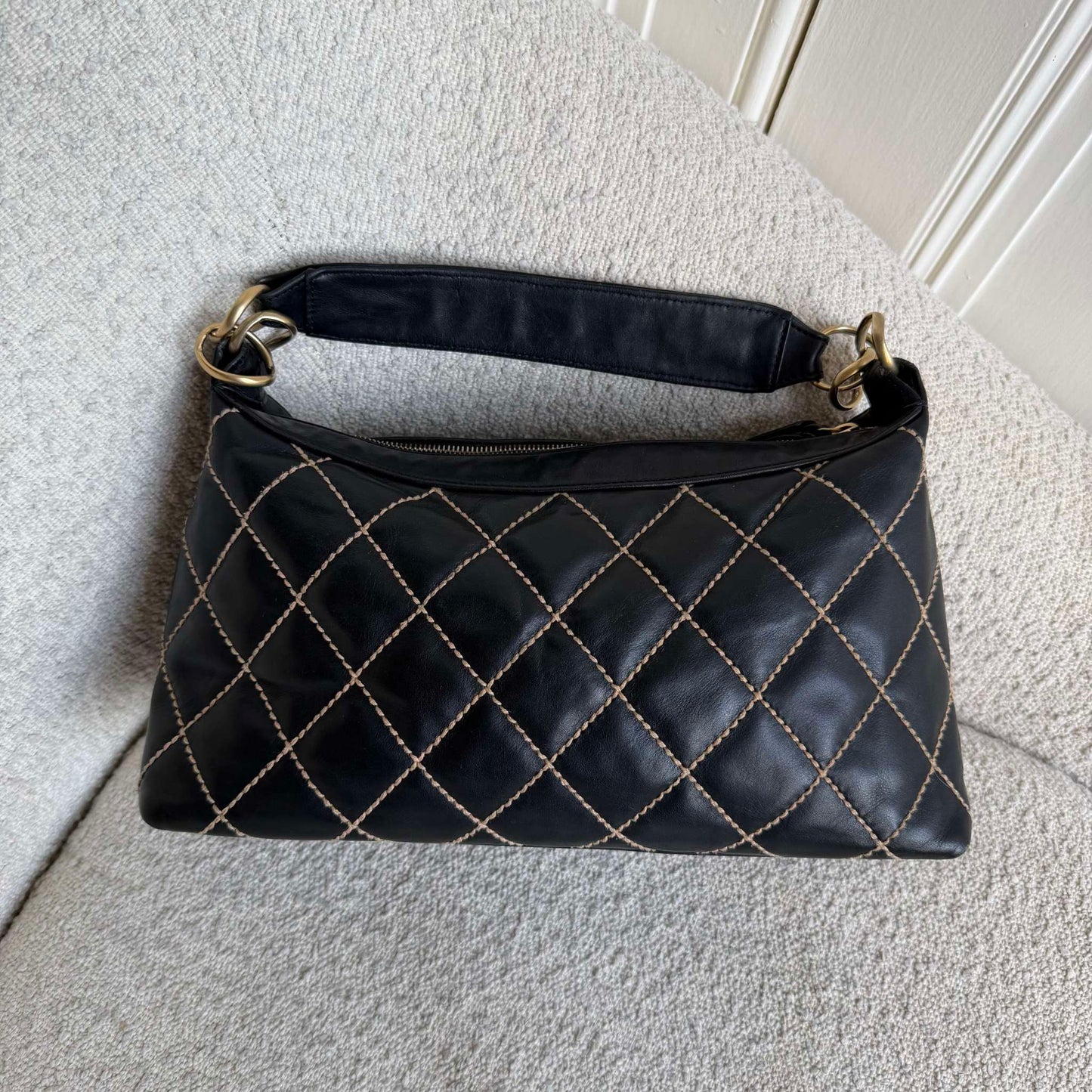 2003 Chanel CC Surpique Wild Stitch Black Leather Handbag